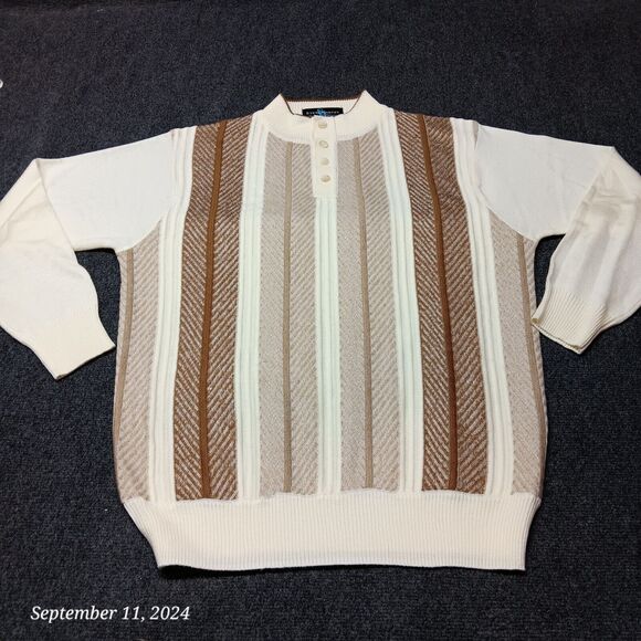 Steve Harvey Henley Sweater Adult Large Brown White Striped Knit - Picture 1 of 7